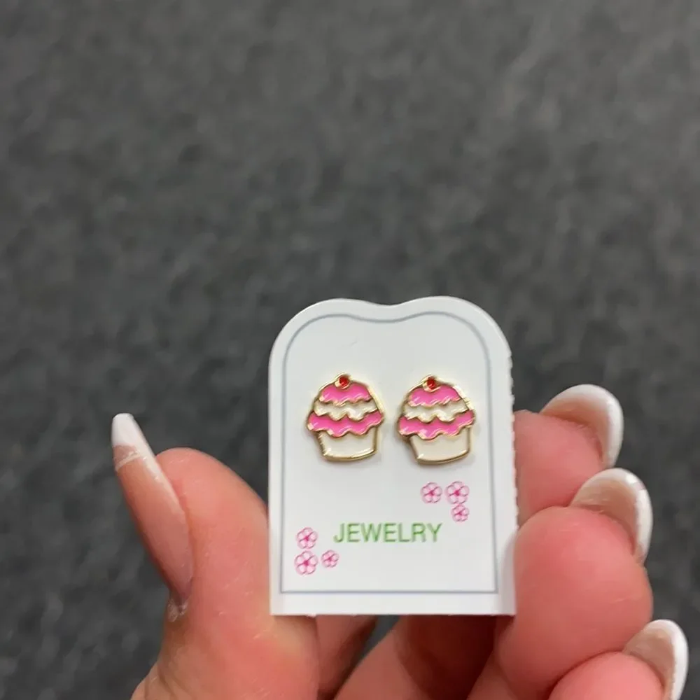 14k gold plated Brass Enamel Pink Cupcake Earring